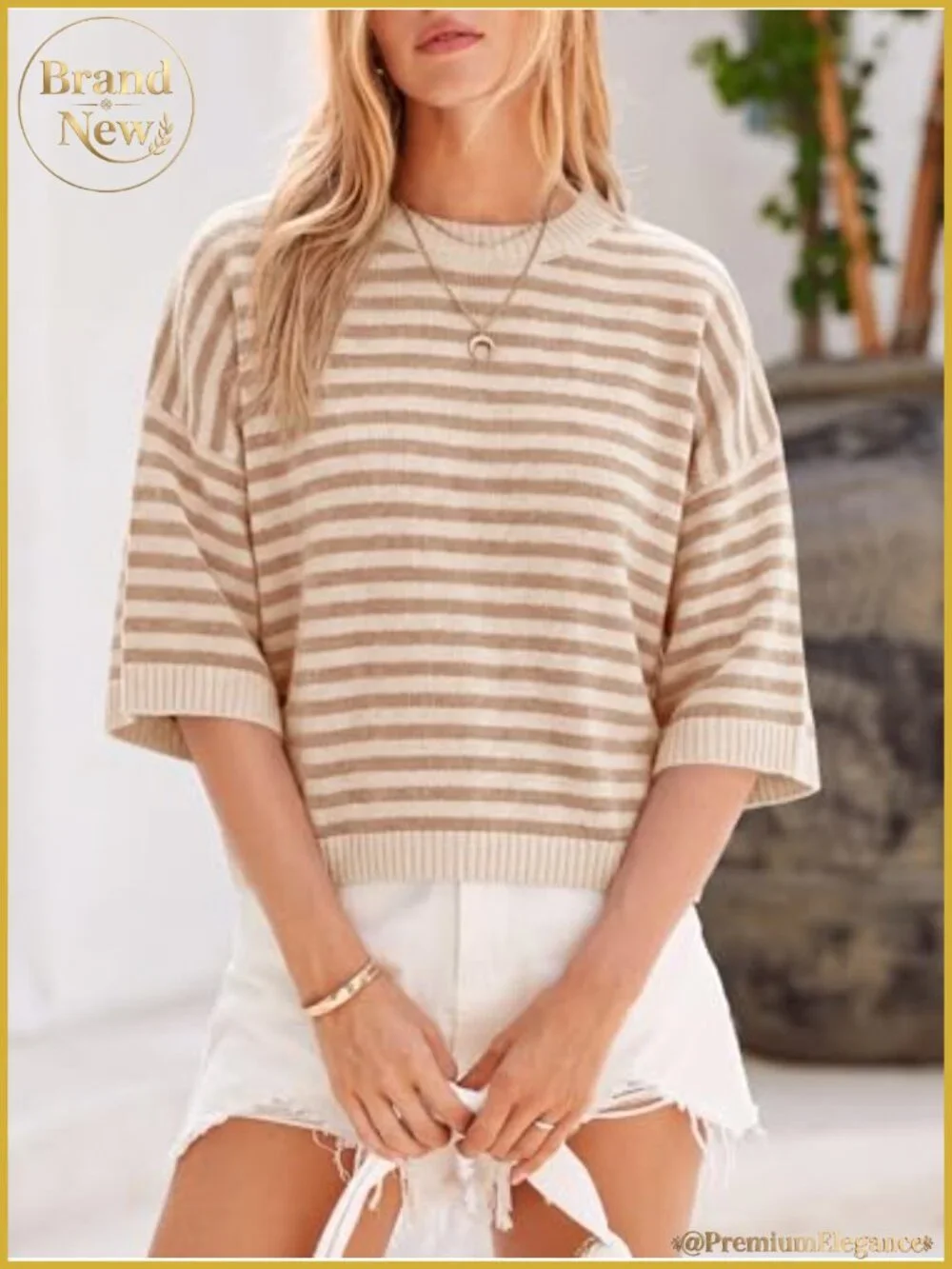 Oversized Striped Knit Pullover Sweater Women Short Sleeve Crew Neck Loose Fit